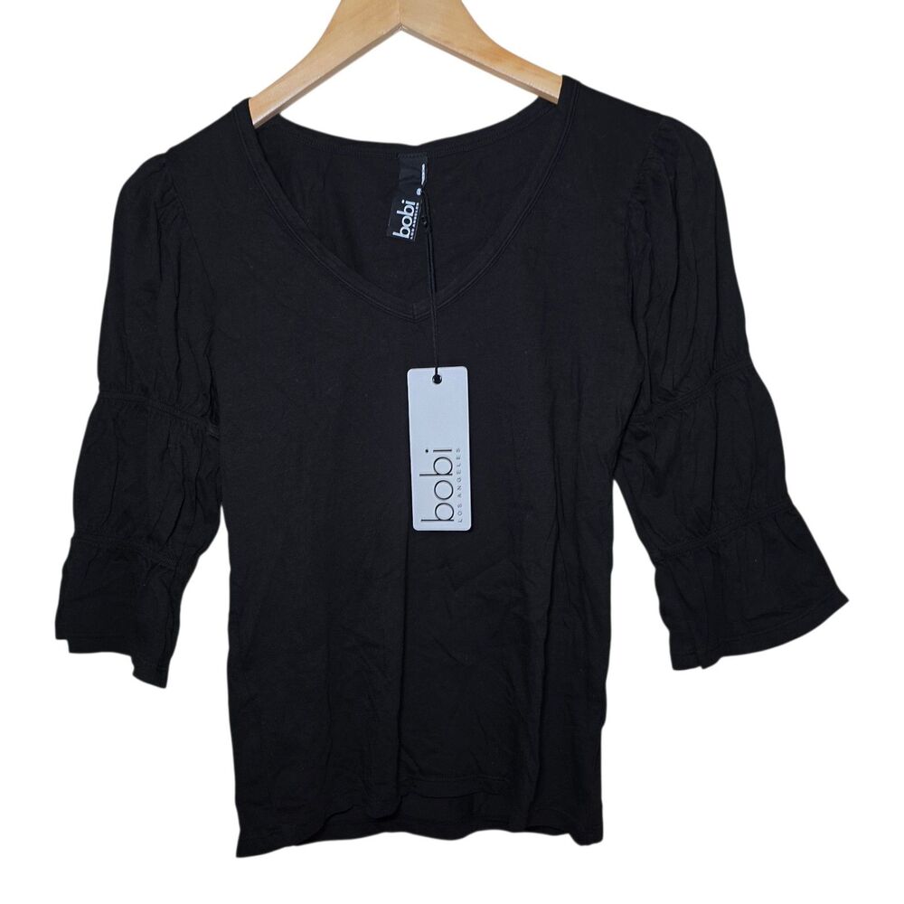 Bobi Los Angeles V-Neck Top Women's XS Black 3/4 Sleeve Elastic Cuffs NWT
